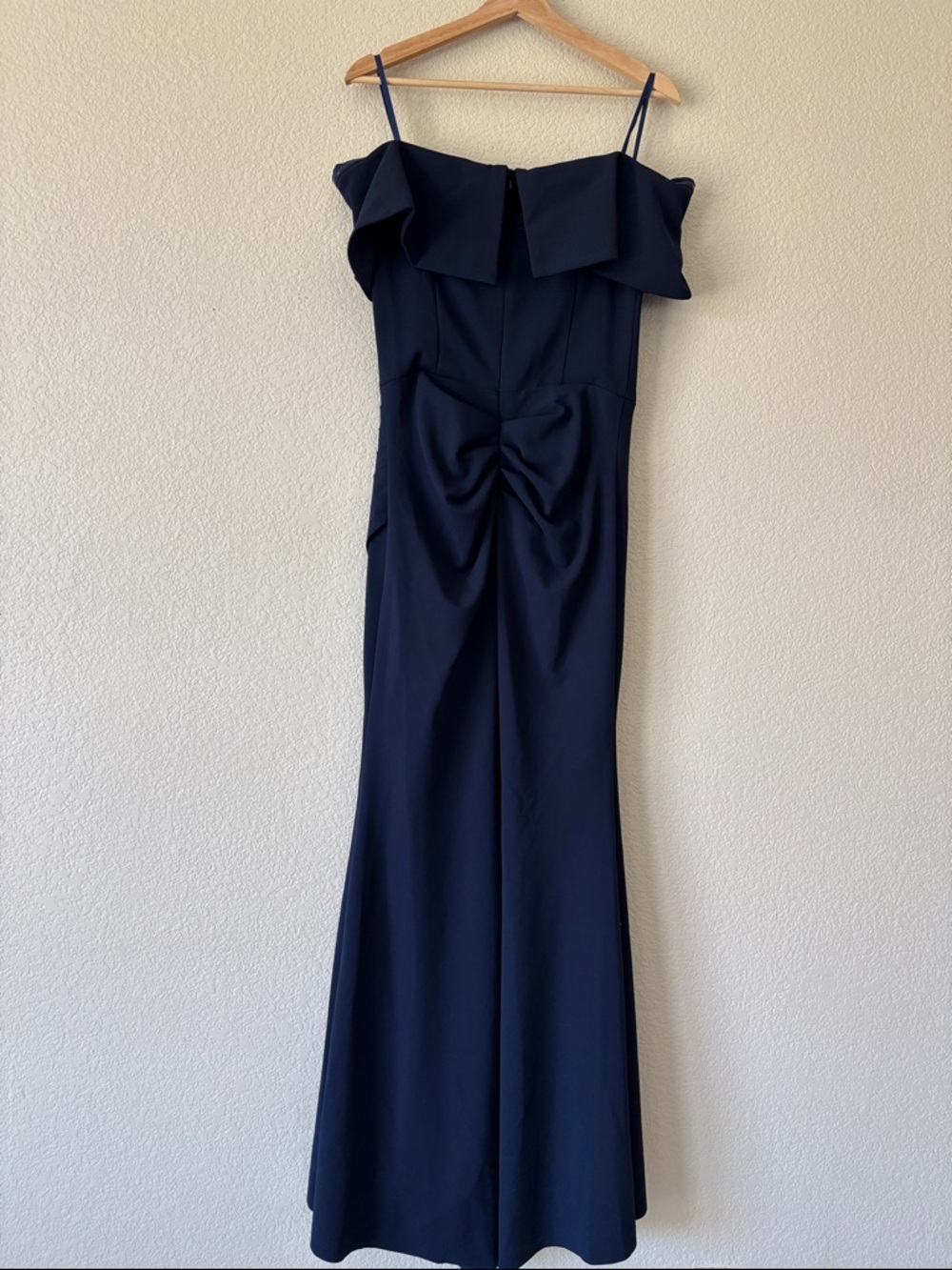 Xscape Off The Shoulder Scuba Crepe Evening Gown With Ruffled Neckline - Picture 3 of 4